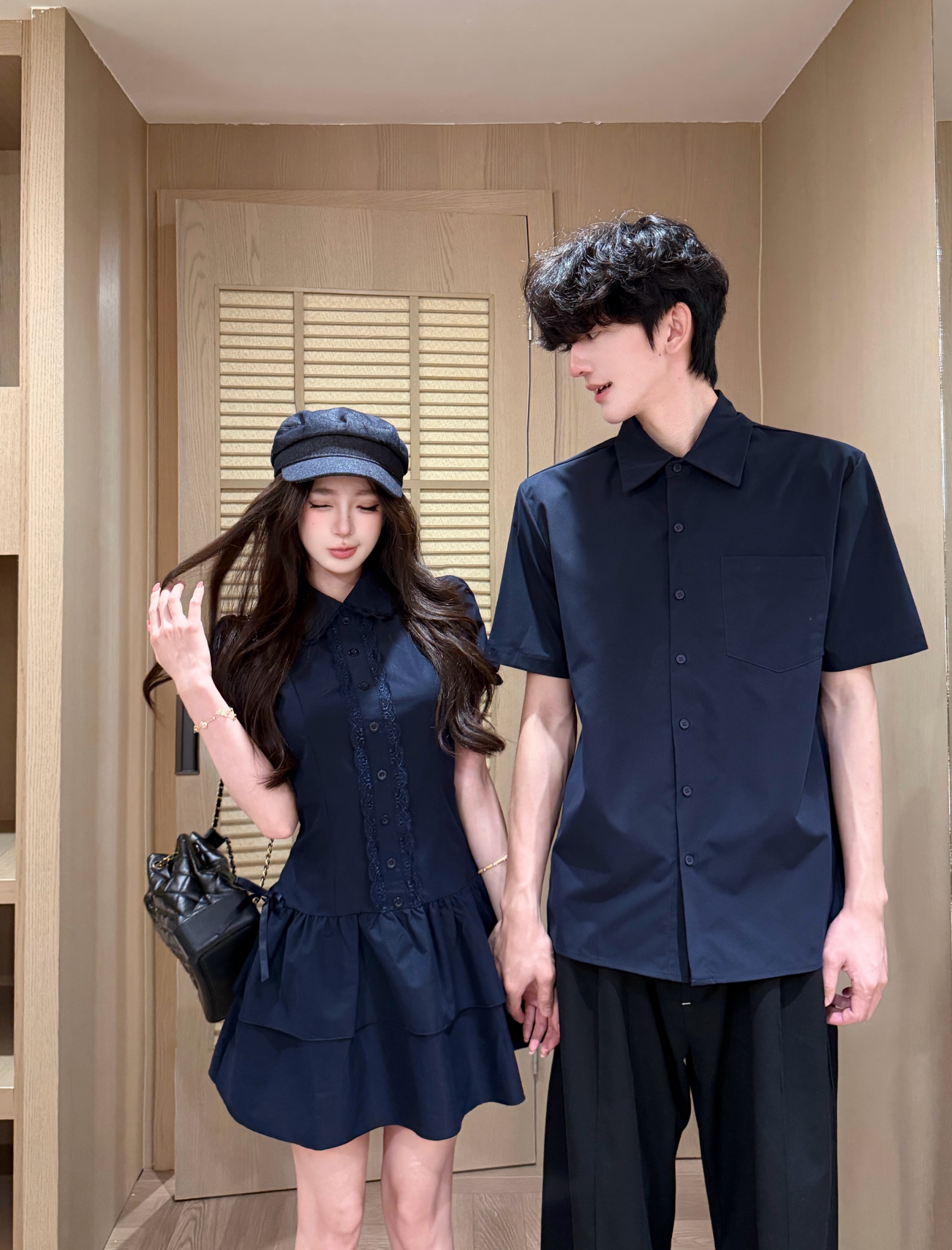 실사 vintage 레트로 착용 가져 가라. 학원 스타일 패치워크 레이스 측면 파란색 셔츠 치마 커플룩