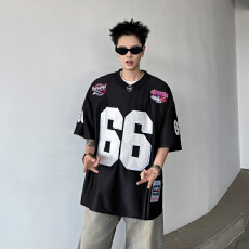 批发夏季新款<b class='q'>嘻哈</b>球衣短袖男女美式潮牌西海岸hiphop宽松百搭T恤上衣