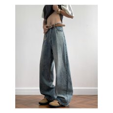 批发<b class='q'>日系</b>新款美式<b class='q'>复古</b>宽松阔腿牛仔裤男女款高腰显瘦拖地直筒长裤子潮