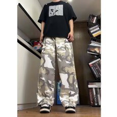 批发卡其色高腰迷彩工装牛仔裤男女同款夏季新款<b class='q'>嘻哈</b>美式阔腿休闲裤子
