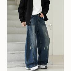批发美式高街弯刀破洞牛仔裤男夏季<b class='q'>嘻哈</b>宽松水洗复古裤子设计感阔腿裤
