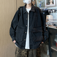 批发春美式秋季外套男潮牌<b class='q'>日系</b><b class='q'>复古</b>黑色翻领工装夹克潮男韩版潮流百搭