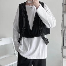 批发男女款条纹假两件坎肩情侣日系机能马甲小众潮牌美式背心休闲