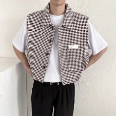 批发复古千鸟格小众马甲男女款ins网红小香风短款外套毛边坎肩背心