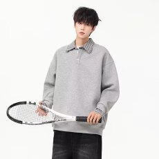 批发潮牌<b class='q'>港风</b>拼色长袖Polo衫男女款美式复古宽松情侣假两件中性卫衣