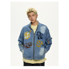 批发国潮刺绣花卉<b class='q'>牛仔外</b>套日系情侣夹克中性风潮牌美式复古男女同款