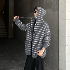 批发秋冬新条纹连帽毛衣男女同款美式复古慵懒风撞色情侣针织开衫外套