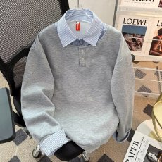 假两件条纹衬衫领polo衫长袖t恤男女新款重磅宽松潮情侣宽松卫衣