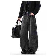 日系做旧弯刀牛仔裤男女新款韩式宽松bf中性美式情侣街头拖地长裤