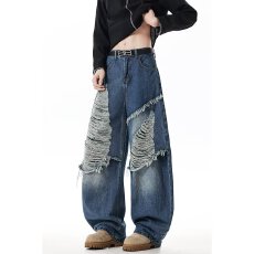 美式高街设计感解构流苏破洞牛仔裤男女复古做旧大口袋情侣拖地裤