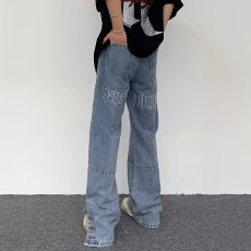 批发牛仔裤男女款中性高街潮牌直筒宽松日系休闲裤美式情侣微喇长裤子