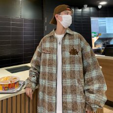 批发扎染美式街头蓝色格子<b class='q'>衬衫</b>外套男女字母刺绣潮牌百搭美式情侣上衣