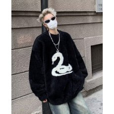 批发美式复古小众设计感男女同款高街秋冬水貂绒针织衫圆领情侣毛衣