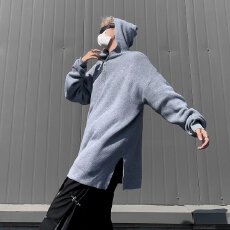 批发套头针织衫男女同款半拉链慵懒风宽松情侣连帽毛衣外套中性风上衣