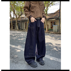 批发美式复古蓝色立体鞋印设计弯刀牛仔裤男女同款潮牌美式阔腿镰刀裤