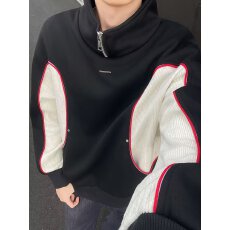 批发潮牌港风拼色长袖Polo衫男女刺绣字母美式复古宽松情侣半拉链卫衣