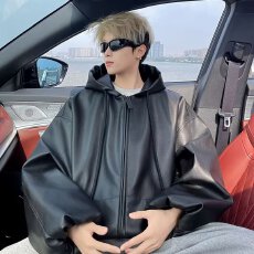 批发美式复古高级感连帽皮衣男女痞帅宽松百搭休闲机车情侣夹克外套潮