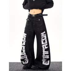 批发港风潮男女款美式个性字母牛仔裤嘻哈情侣潮高街潮流痞帅中性长裤