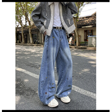 美式复古高级感卡通刺绣嘻哈牛仔弯刀裤男女款oversize情侣休闲裤