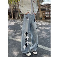 批发高街vibe风美式十字架贴皮刺绣潮牌直筒宽松牛仔裤男士潮流阔腿裤