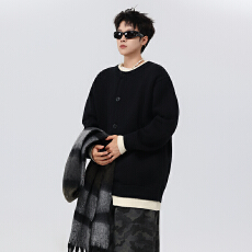 批发撞色拼接假两件开衫毛衣外套男冬季韩版痞帅打底针织衫情侣款上衣