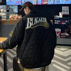 批发美式字母刺绣菱形格棒球棉服男士冬季时尚痞帅hiphop宽松百搭棉衣