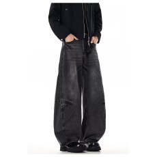 批发日系中性风做旧弯刀牛仔裤男女款潮牌宽松bf美式街头情侣拖地长裤