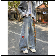 美式简约牛仔裤男女款潮牌卡通贴布绣长裤情侣舒适宽松直筒休闲裤