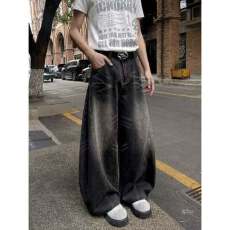 批发美式复古做旧水洗<b class='q'>牛仔裤</b>男女款高个子cleanfit直筒情侣阔腿拖地裤