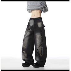 批发美式中性风渐变水洗破洞牛仔裤男女新款街头hiphop痞帅情侣阔腿裤