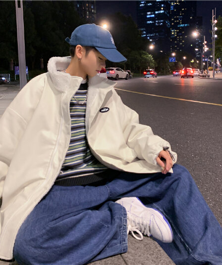 양털 플리스 면 옷 남자 겨울 보온 스탠드 칼라 면 의류 재킷 털이 있고 두꺼운 가죽 재킷 양면 착용 목화 진딧물 패딩 재킷