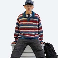 美式慵懒覆古宽松polo领条纹毛衣男女秋冬老钱风新款翻领上衣潮流