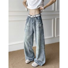 批发港风潮男女款个性弯刀牛仔裤<b class='q'>嘻哈</b>中性潮高街美式潮流痞帅情侣长裤