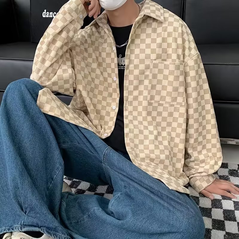 체스 판 그리드 셔츠 남자 긴팔 디자인 센스 작은 대중 봄 가을 셔츠 한국 스타일 트렌드 악당 잘 생긴 고급 ins 항구 바람