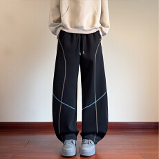 批发美式青少年大码胖子撞色明线休闲运动裤初高中学生宽松弯刀卫裤子