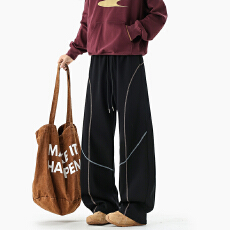 批发青少年裤子加肥加胖子撞色明线休闲运动裤初高中学生宽松弯刀卫裤