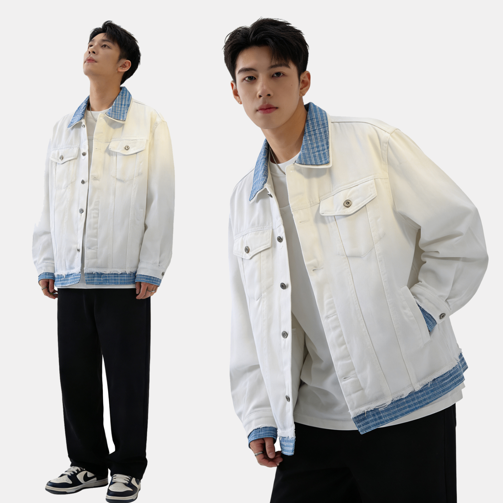 봄 가을 아메리칸 레트로 패치워크 페이크 레이어드 데님 재킷 남녀 cleanfi 디자인 센스 루즈핏 커플 재킷