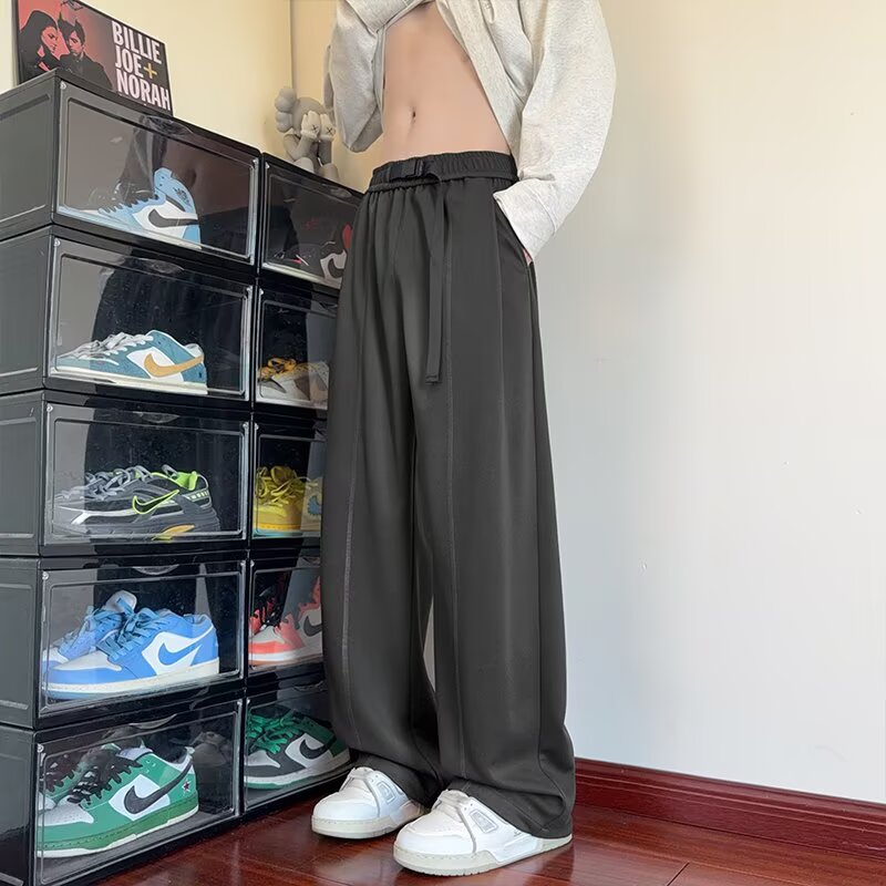 아메리칸 루즈핏 모통이 칼 캐주얼 바지 남성과 여성 비료 추가 증가 다용도 바지 커플 가을 센스 넓은 다리 바닥 청소 긴 바지