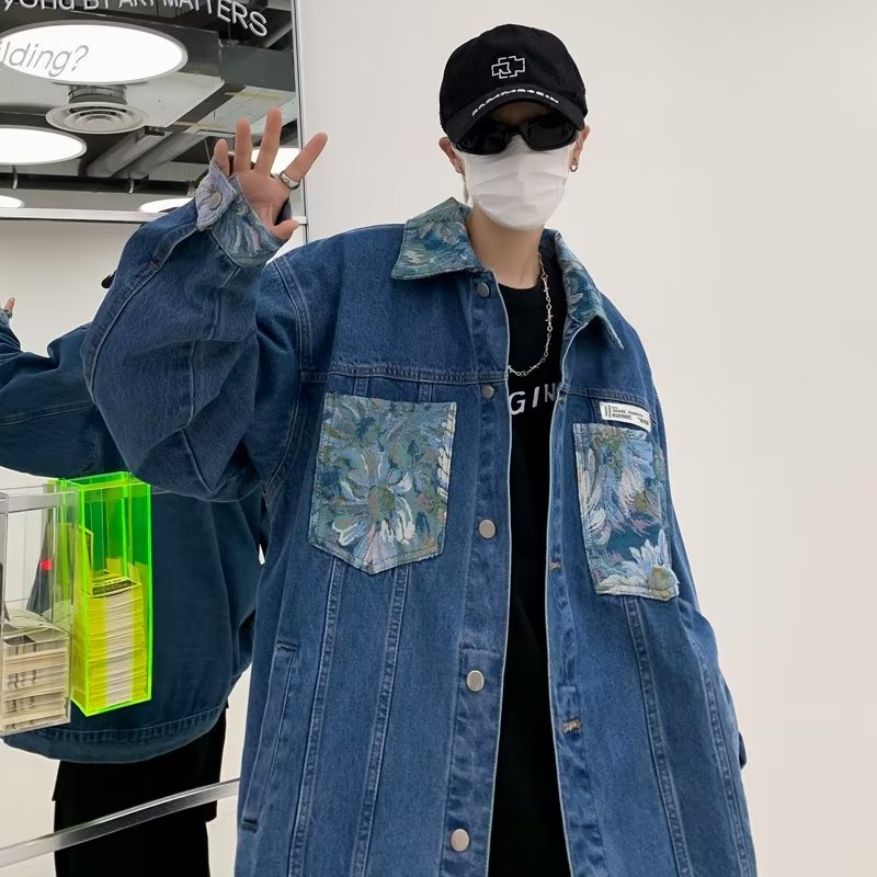 아메리칸 패치워크 워크웨어 카우보이 바깥 남성 세트 가을 겨울 루즈핏 레트로 높음 거리 악당 잘 생긴 웃음 하 캐주얼 맨위 자켓