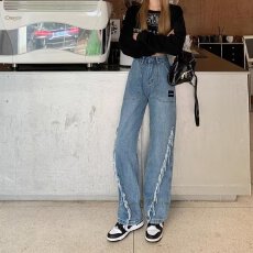 批发辣妹<b class='q'>女生</b><b class='q'>牛仔裤</b>女春秋女士新款高腰显瘦直筒大码胖MM垂感阔腿长裤