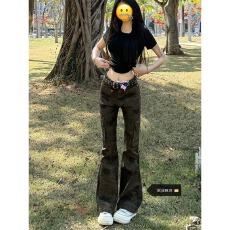 批发美式复古多口袋工装裤辣妹迷彩裤<b class='q'>女生</b>春夏高街微喇显瘦长裤子女士