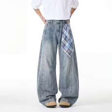 批发美式复古蓝水洗弯刀牛仔裤男款潮牌宽松解构百搭阔腿方巾高街长裤