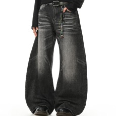 批发高街复古水洗猫须黑色弯刀牛仔裤男女美式高级感阔腿baggy裤子潮