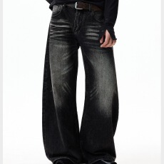 批发美式复古高街水洗做旧弯刀牛仔裤男女宽松休闲裤阔腿直筒痞帅长裤