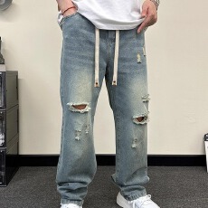 批发设计感猫须破洞牛仔裤男夏薄款宽松直筒裤美式街头阔腿裤时尚百搭