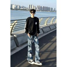 批发网红同款美式高街CH克罗十字架刺绣高版本牛仔裤男宽松微喇直筒裤
