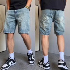 批发夏季美式休闲痞帅阔腿复古泼墨牛仔短裤男宽松韩版潮流五分裤子潮