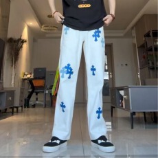 春夏新款白色钮扣男女潮牌十字架牛仔裤子情侣复古牛仔裤直筒长裤
