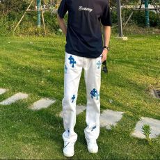 批发秋夏新款白色钮扣潮牌男女十字架牛仔裤子情侣复古牛仔裤直筒长裤