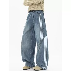 解构条纹水洗弯刀牛仔裤男女美式高街情侣小众宽松拼接阔腿拖地裤